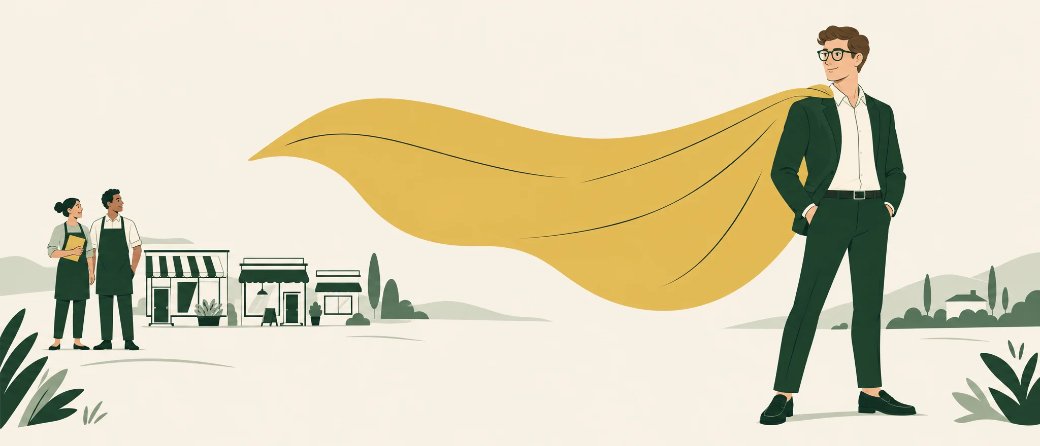 An illustrated accounting professional with a gold cape beside small business owners.