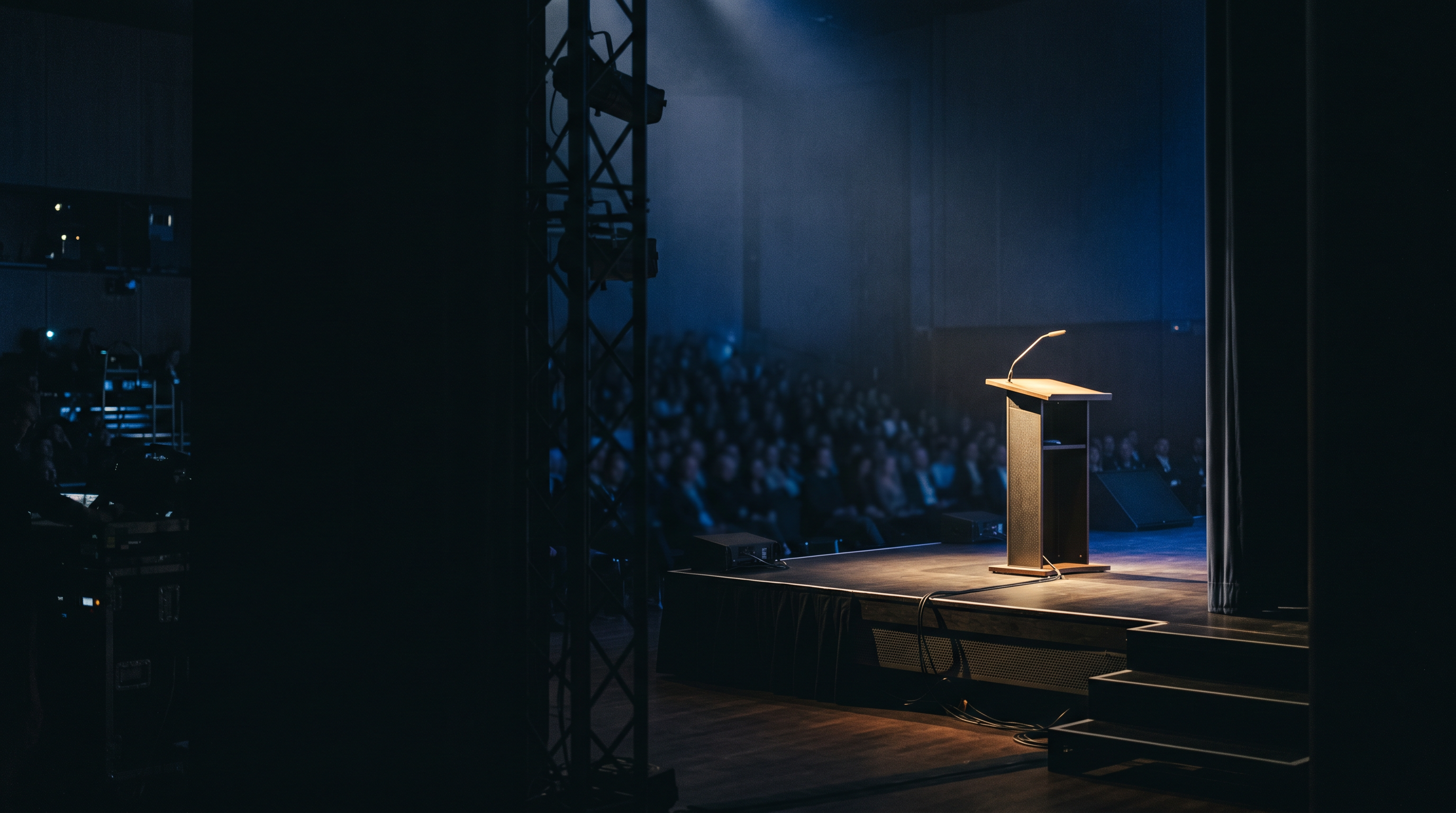 An empty keynote stage seen from the wings, a single lectern lit by a warm spotlight before a talk