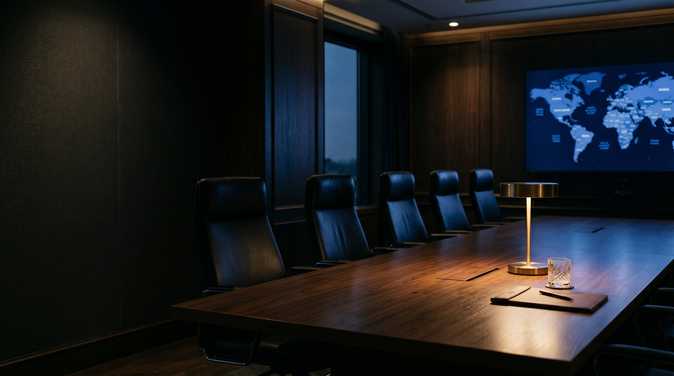 A confidential executive boardroom at dusk