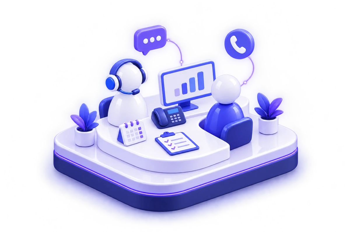 3D illustration of a healthcare call center with agents, a desk phone, and patient conversations