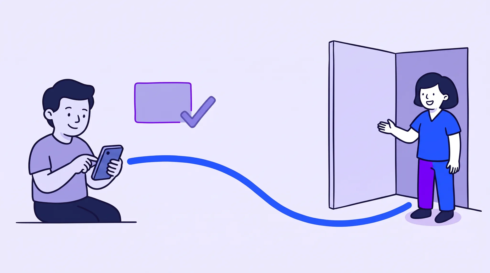 Illustration of a patient booking an appointment and following a confirmed path to a welcoming clinician