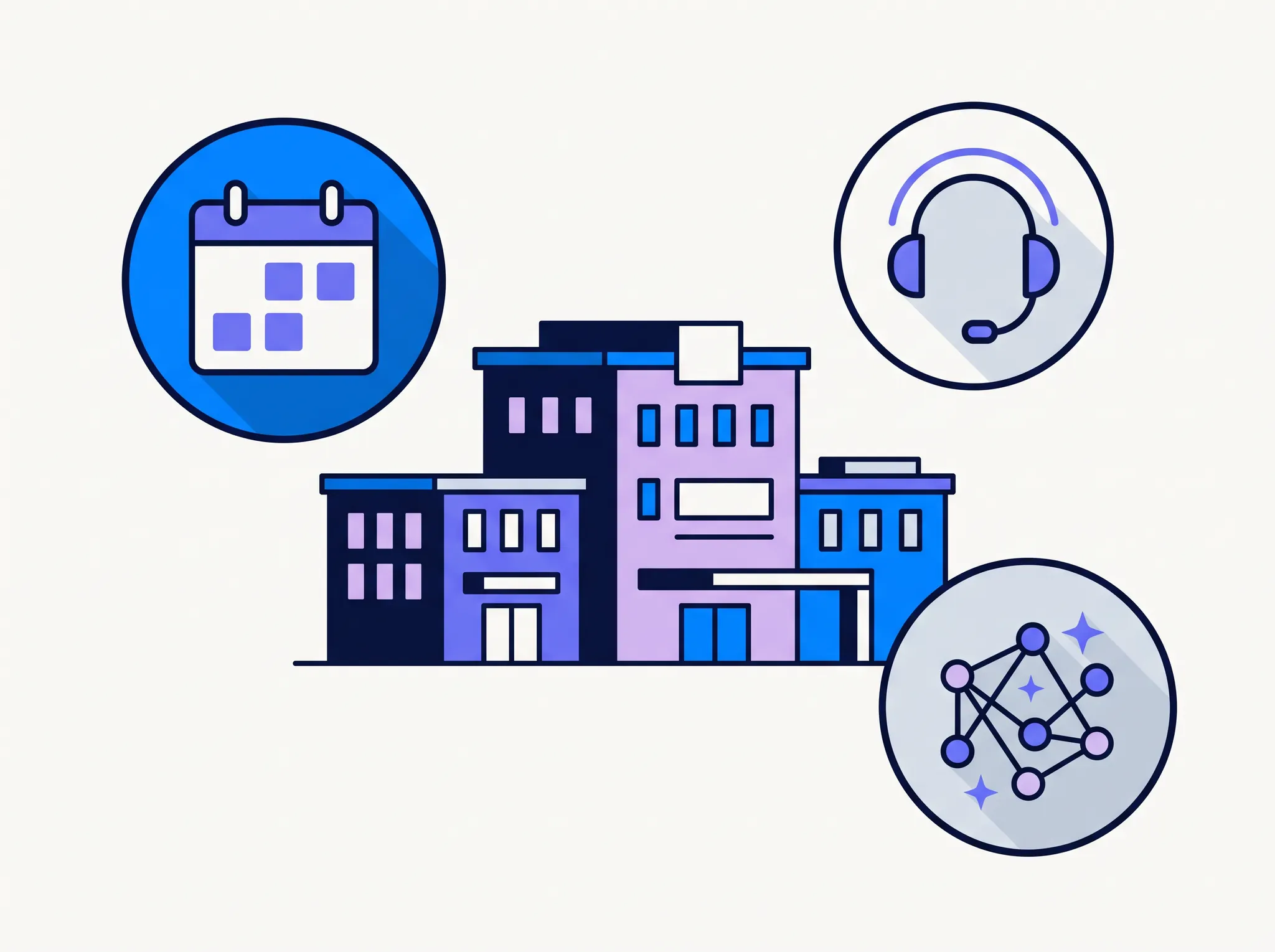 Simple PEC360 illustration of a connected health system, patient access, contact center, and AI