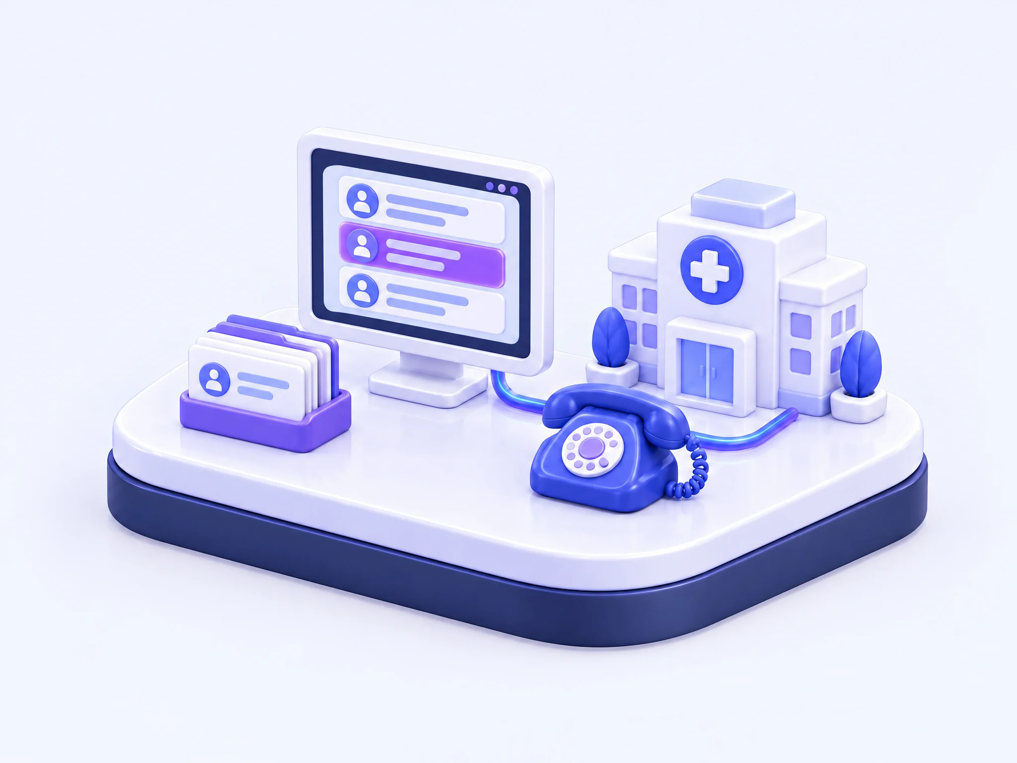 3D illustration of a monitor with patient contact records, a card file, a desk phone, and a hospital building