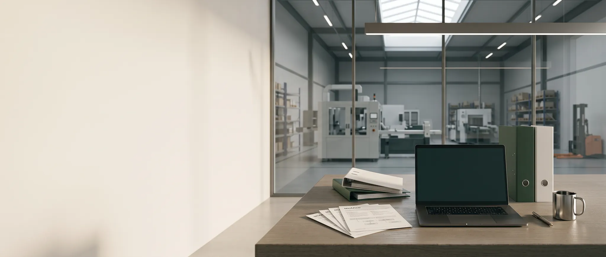 Industrial office workspace with operational records and equipment