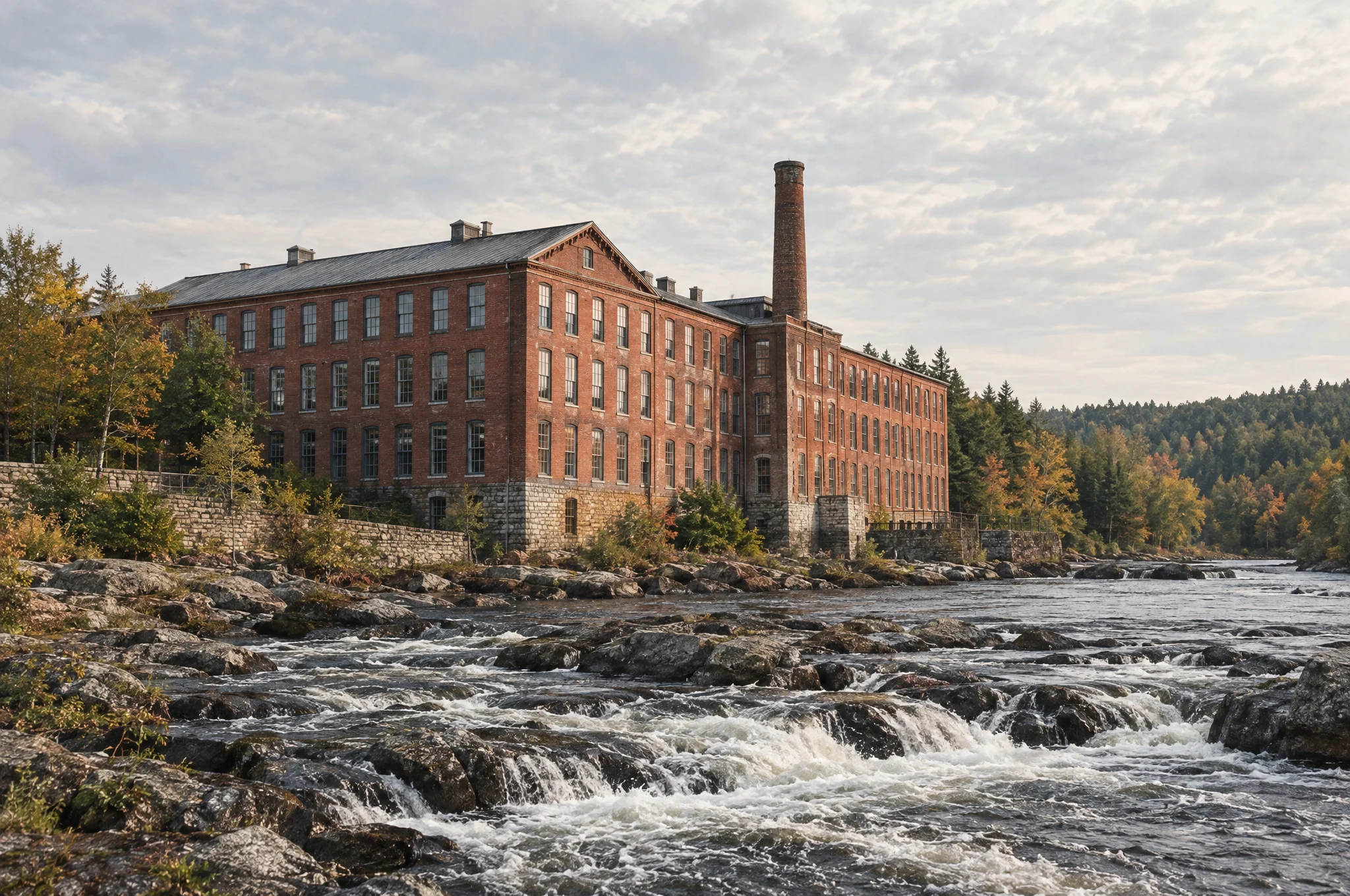 A brick industrial mill beside a rocky New England river