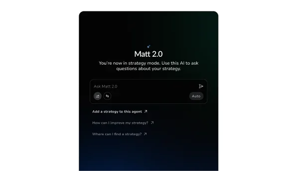 Matt 2.0 assistant panel with suggested questions about a trading strategy.