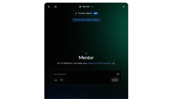 Mentor AI chat panel with a prompt to create an agent and ask for trade feedback.