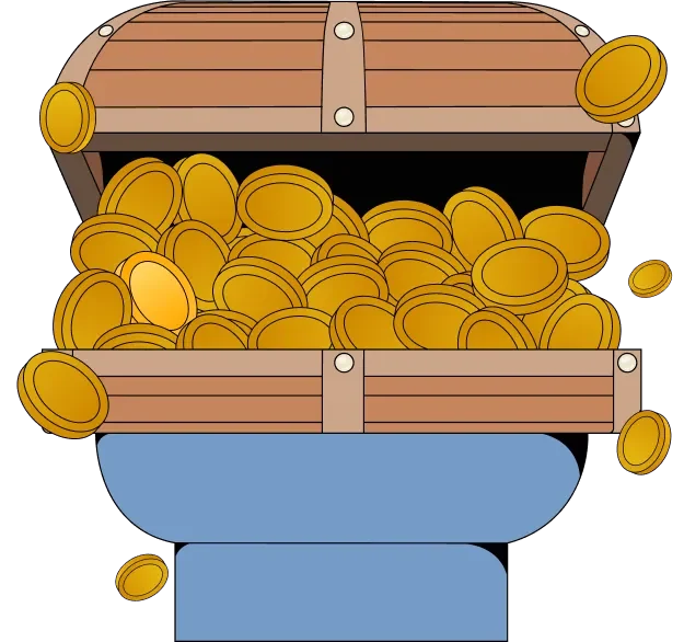 Treasure chest overflowing with gold coins, symbolizing trader profitability.