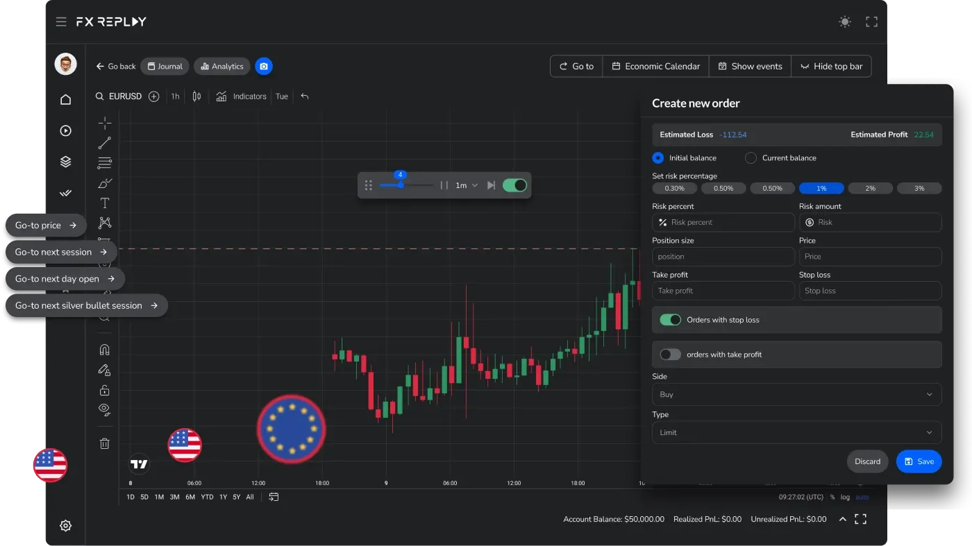 FX Replay charting and order-entry interface