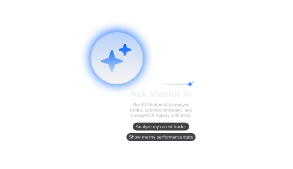 Mentor AI illustration with shortcuts to analyze recent trades and view performance statistics.