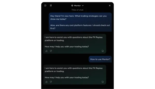 Mentor AI chat conversation with example questions about trading strategies and platform tools.