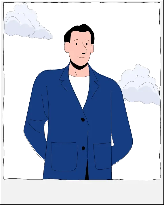 Illustration of a man in a suit with clouds in the background, symbolizing new ideas.