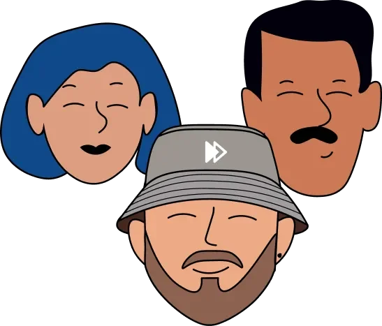 Illustration of three team members, representing community building.