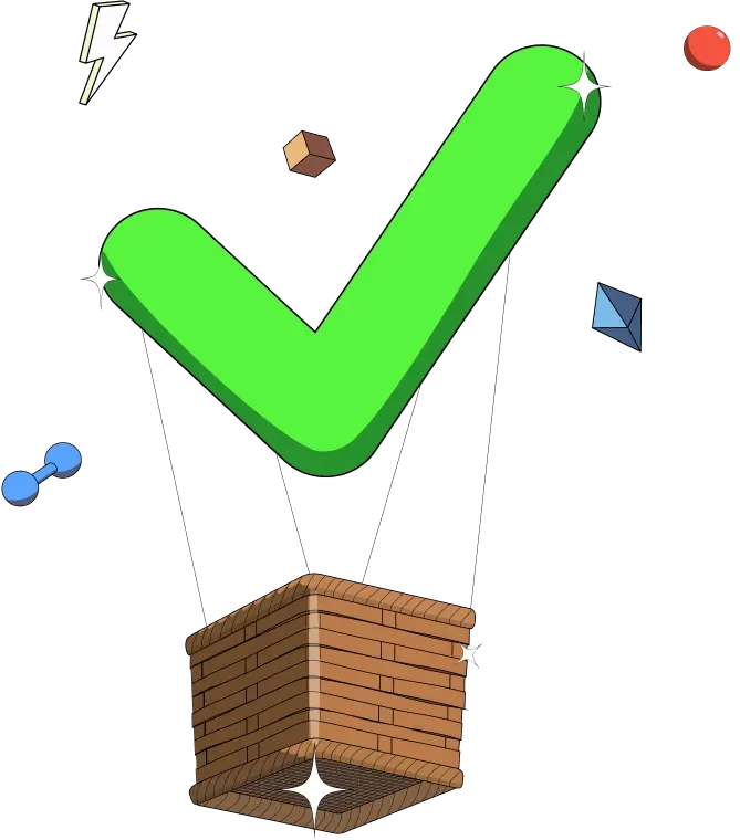 Illustration of a green check mark floating above a crate, symbolizing growth and quality.