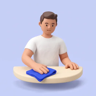 Clay-style cleaner wiping a countertop with a blue cloth