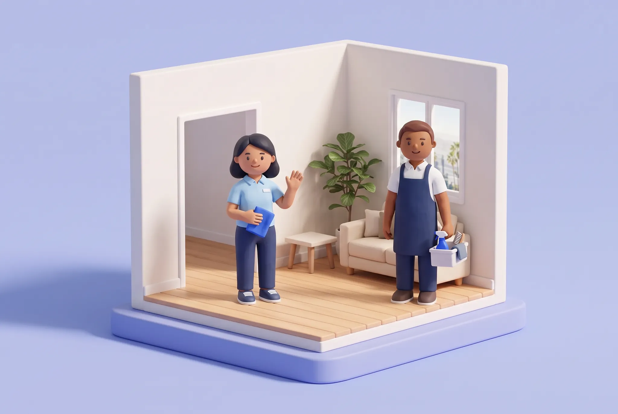 Ilustración de arcilla de dos profesionales de limpieza con un paño azul y productos de limpieza en un hogar de Los Ángeles