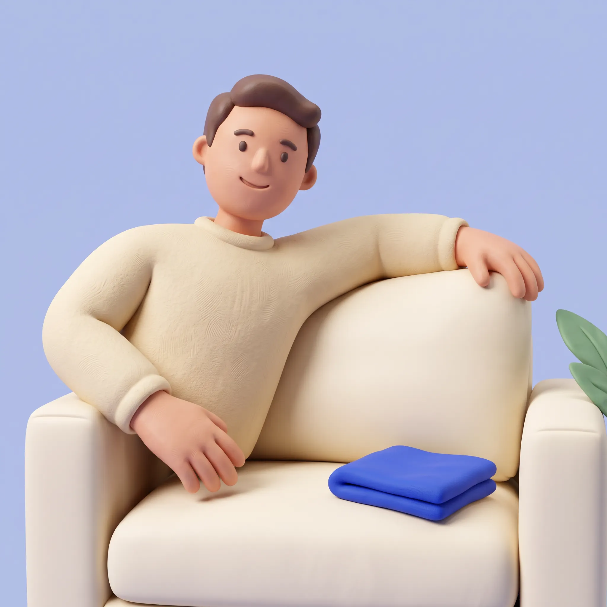 Clay-style homeowner relaxing on a clean cream sofa