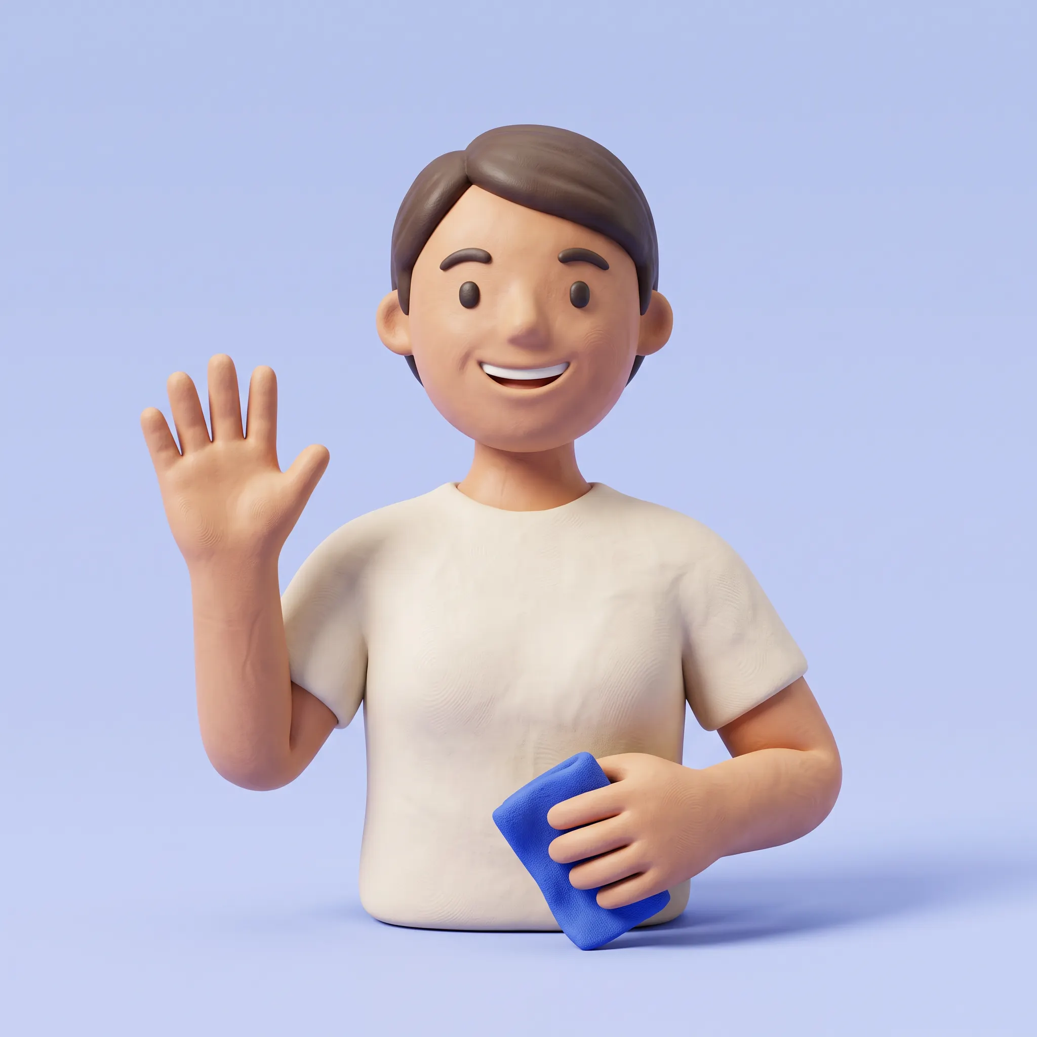 Smiling clay-style cleaner waving hello while holding a blue cloth