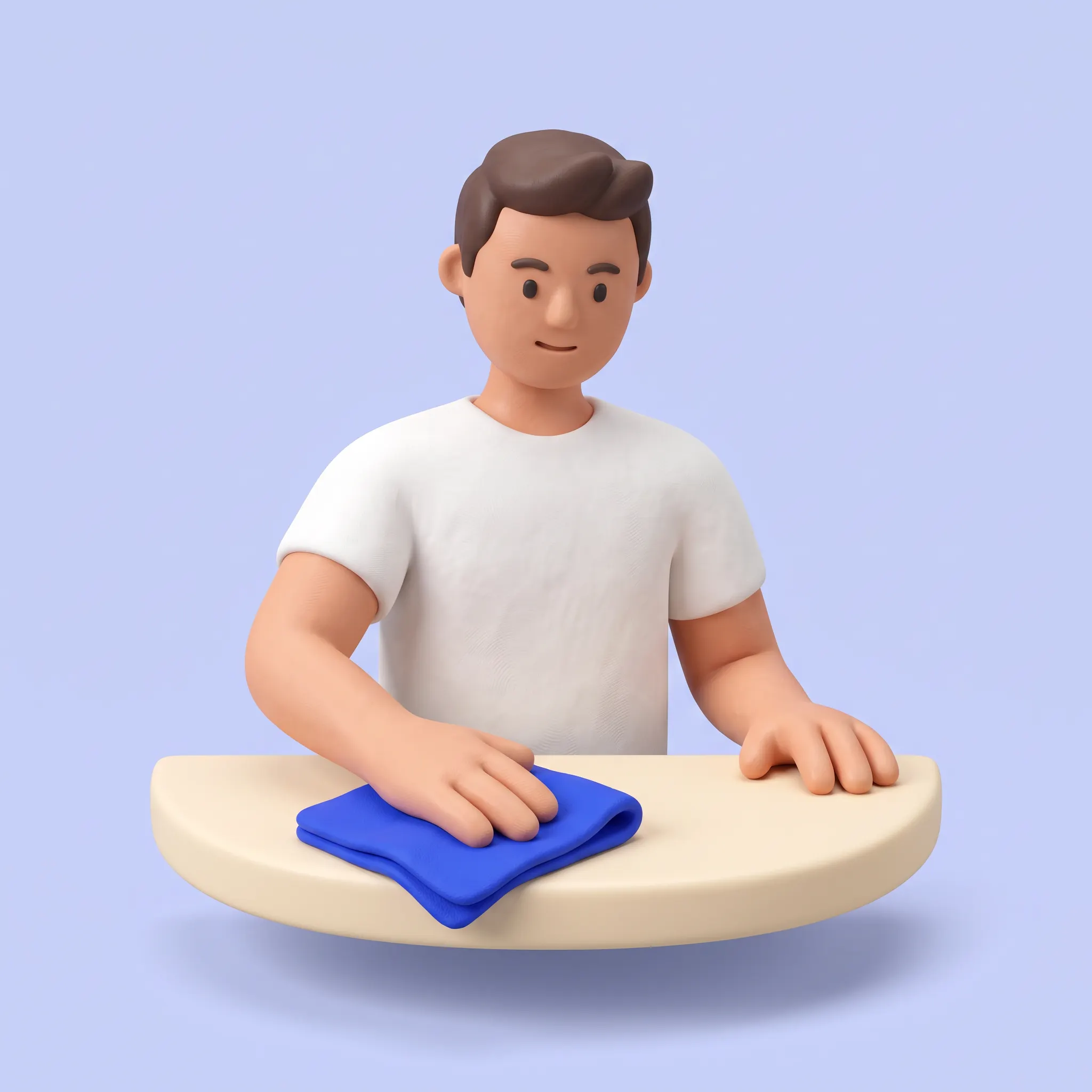 Clay-style cleaner wiping a countertop with a blue cloth