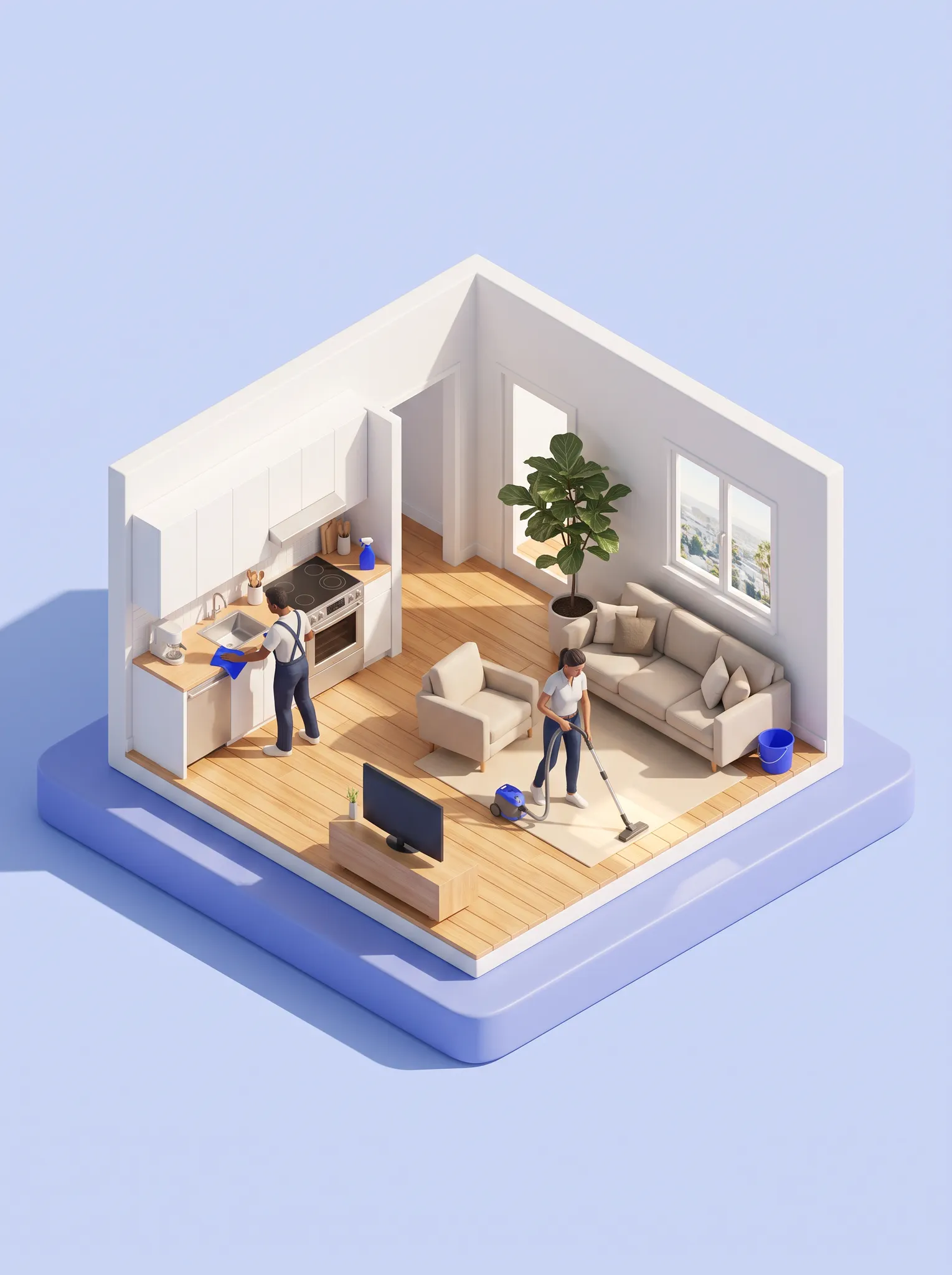 Isometric cutaway of a Los Angeles home with cleaners wiping a kitchen counter and vacuuming the living room