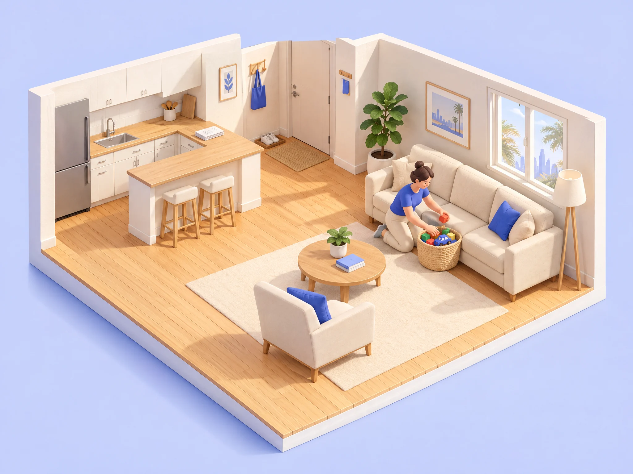 Clay illustration of a homeowner putting toys into a basket in a Los Angeles apartment with clear counters and open floors