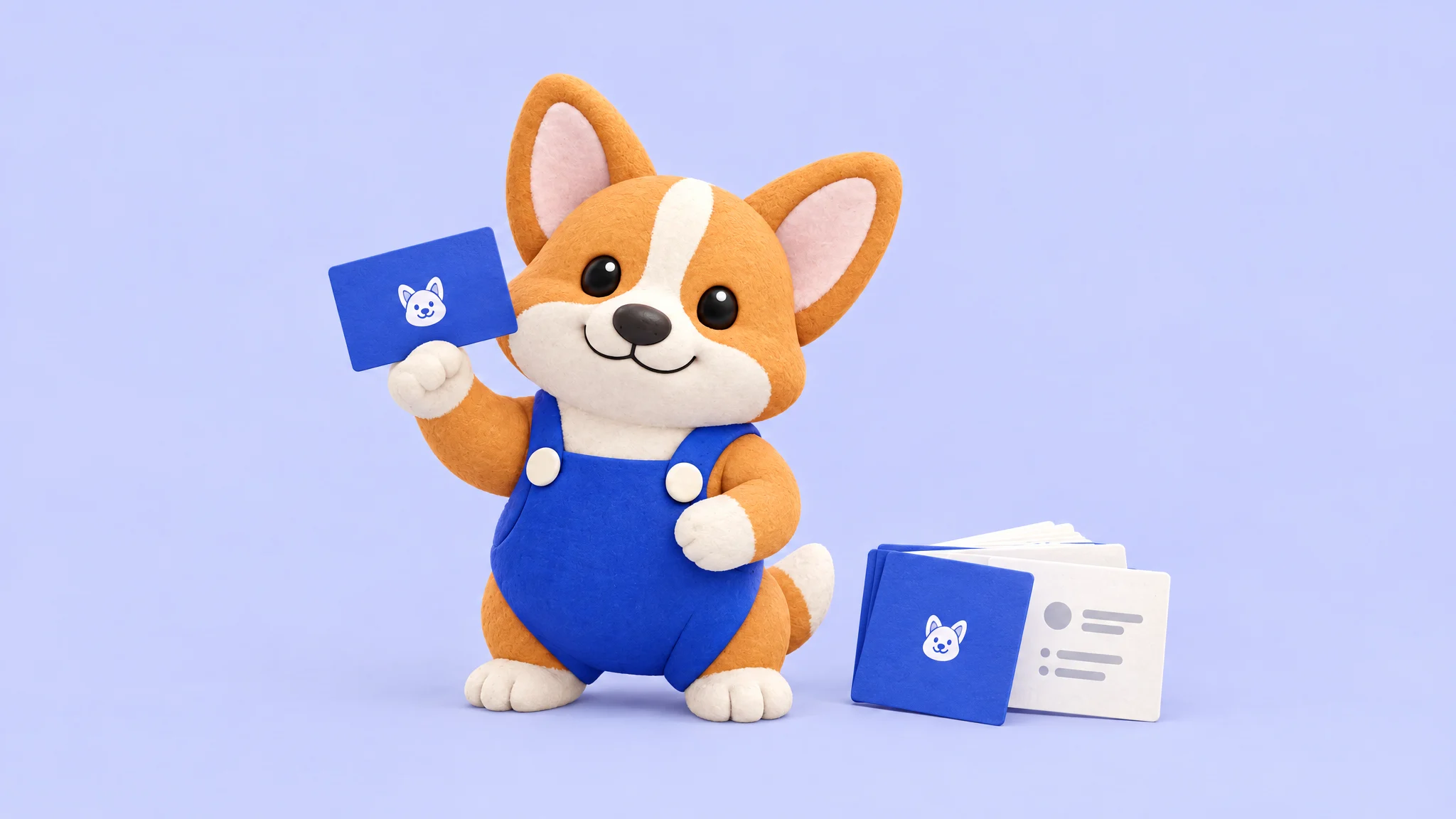 Clay corgi mascot in blue overalls holding up a blue co-branded business card beside a small stack of cards