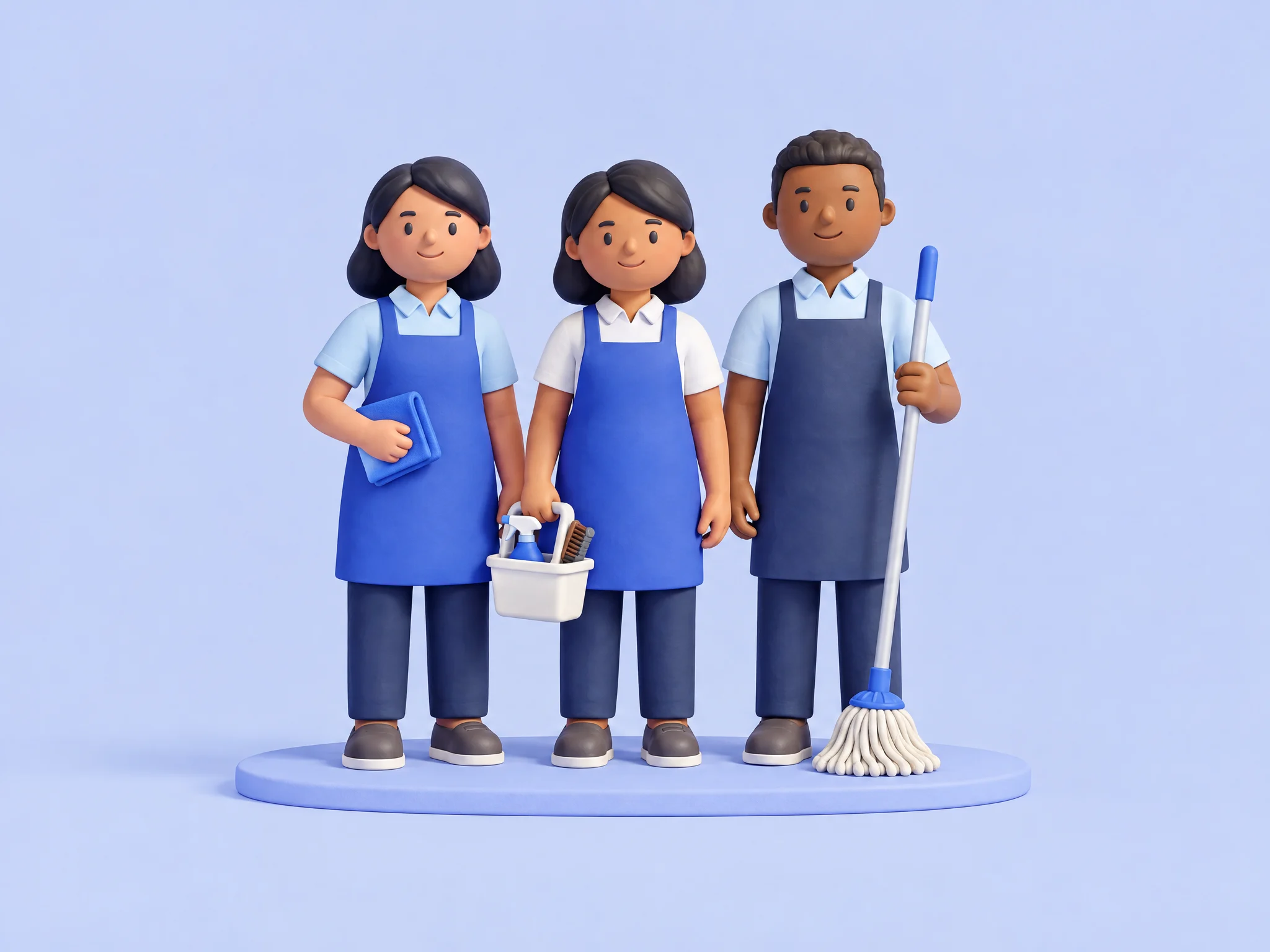 Decorative clay illustration of three cleaners holding a cloth, supply caddy and mop