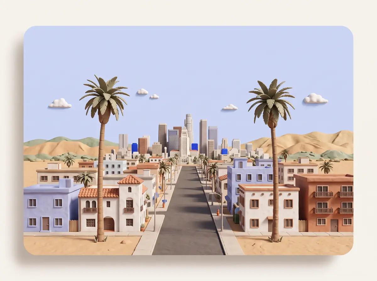 Clay-styled Los Angeles street with palms, apartment buildings, downtown skyline, and surrounding hills