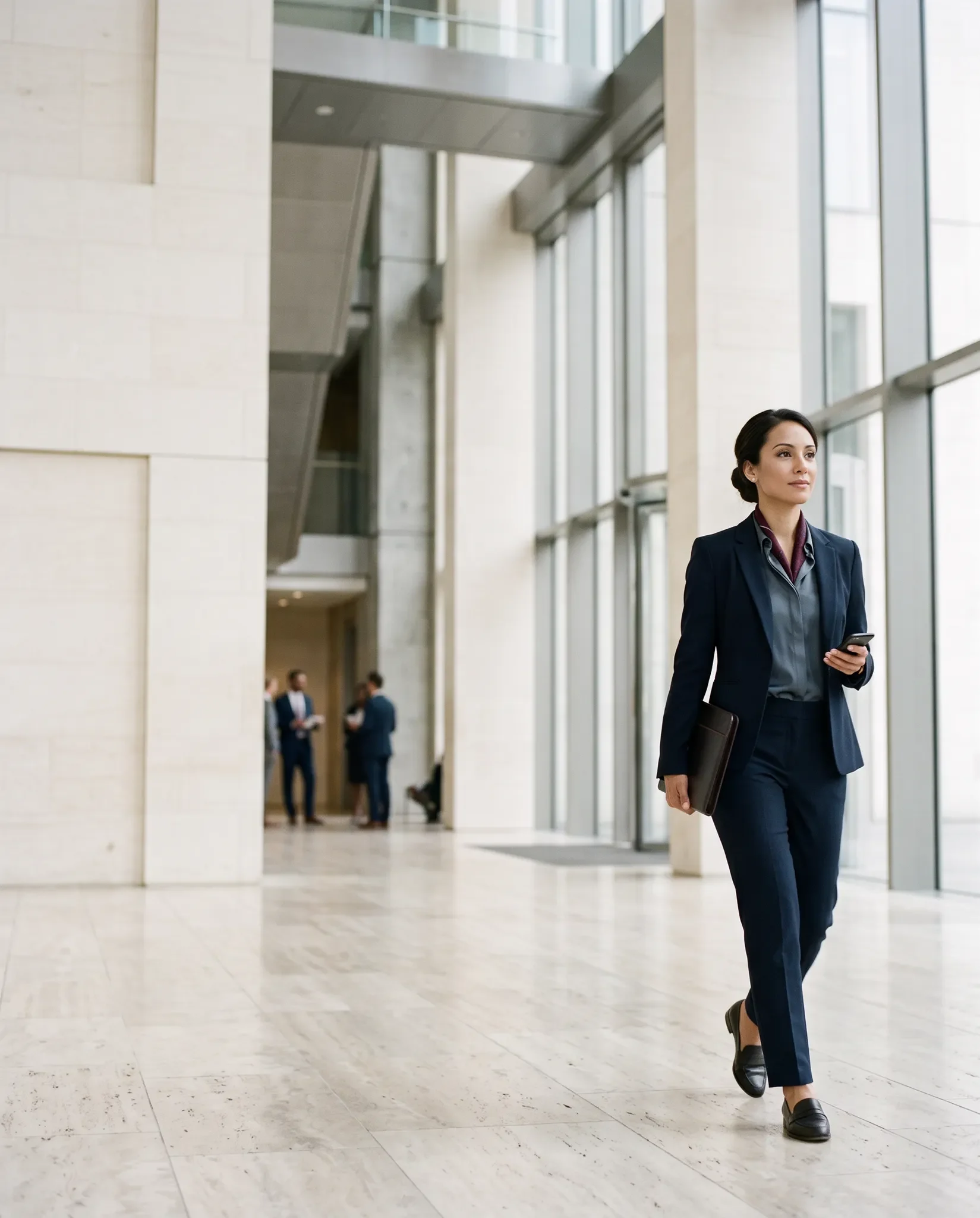 A professional woman walking through a contemporary institutional setting