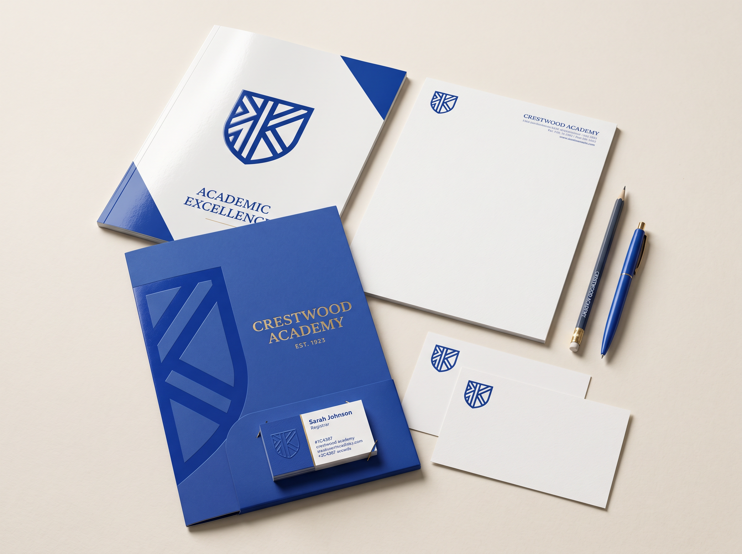 School brand stationery set with prospectus, folder, letterhead and cards.