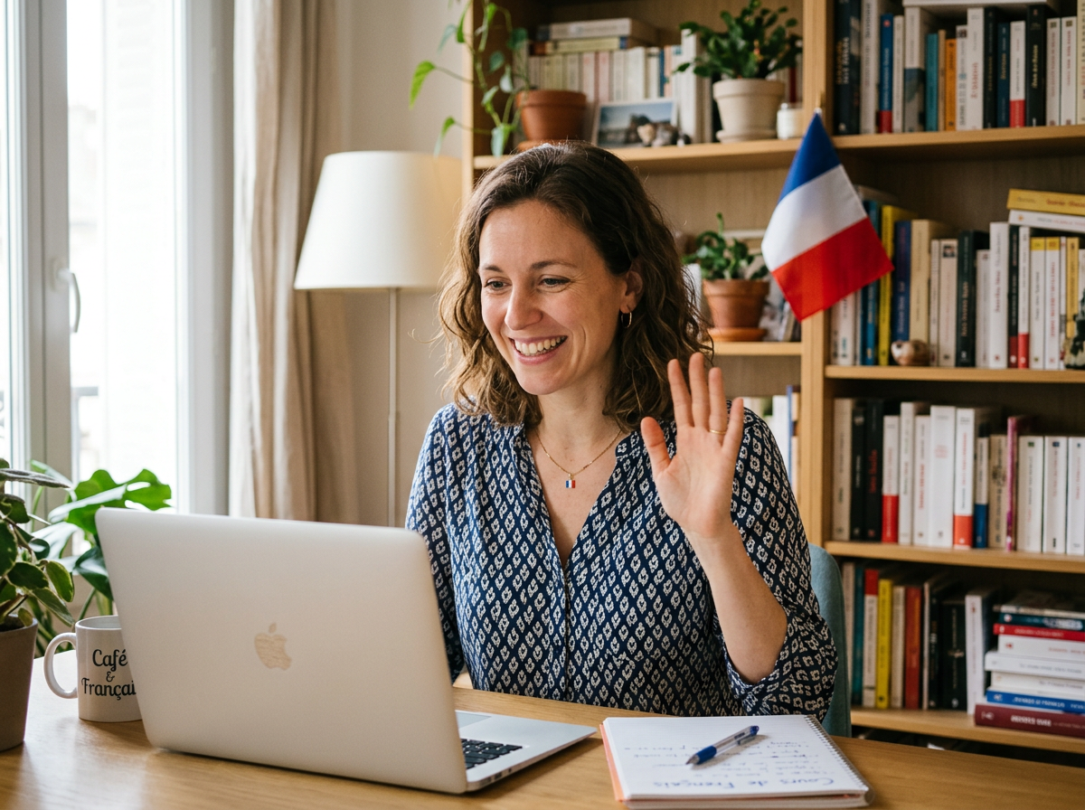 A native French teacher waving to a class over video call from her home office
