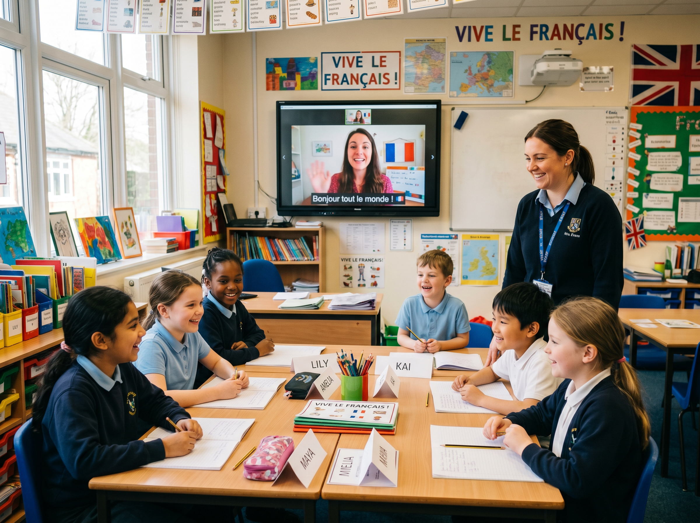 Primary school children in a live French lesson with a native speaker on the classroom screen and a teaching assistant alongside