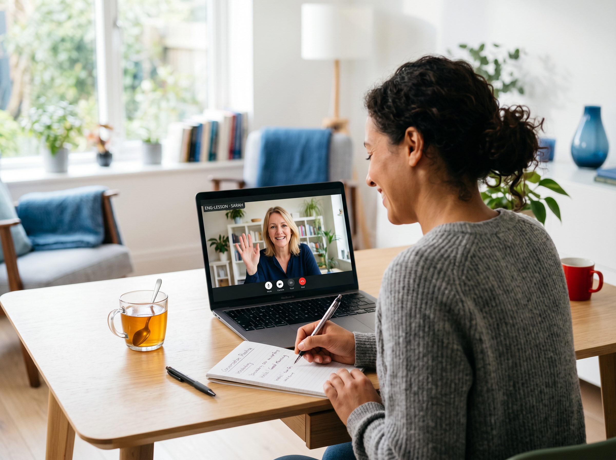 A learner taking a live one-to-one English lesson with a teacher over a video call