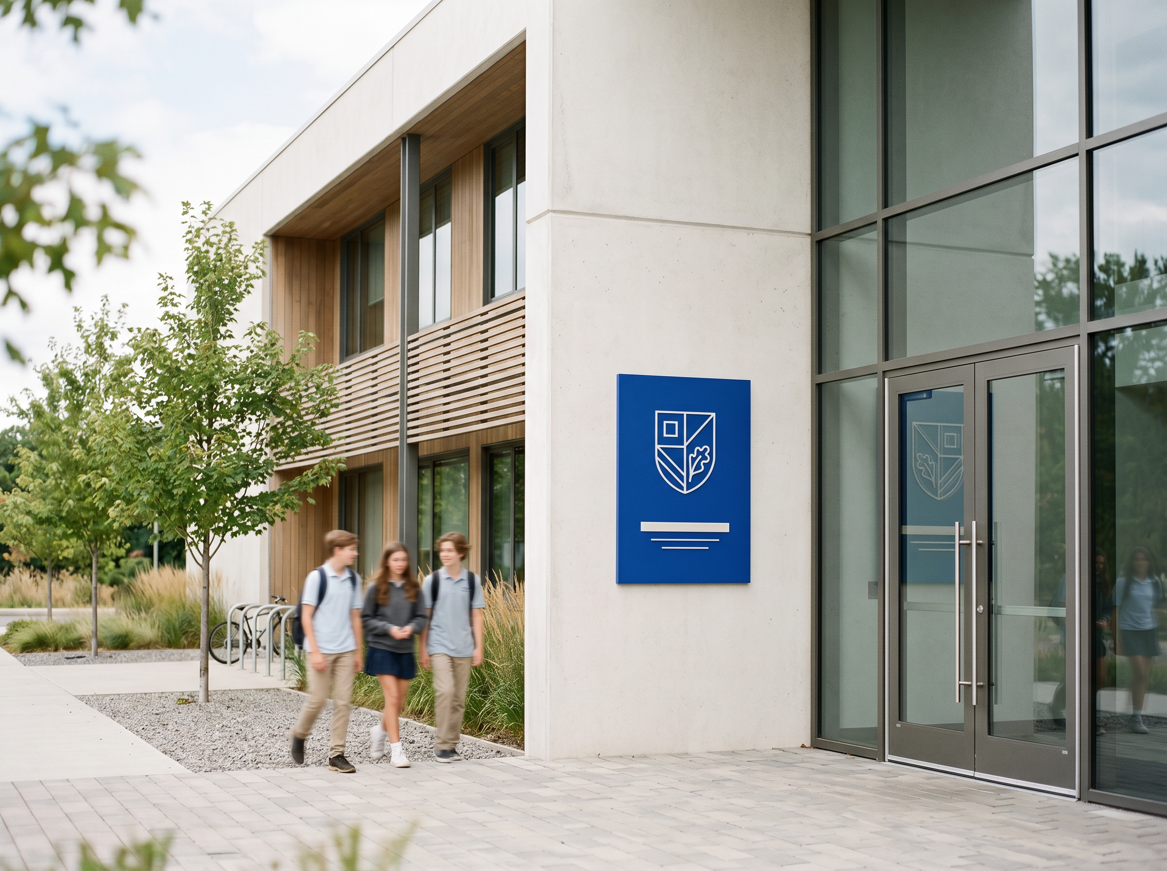 Students outside a modern school entrance with cobalt signage.