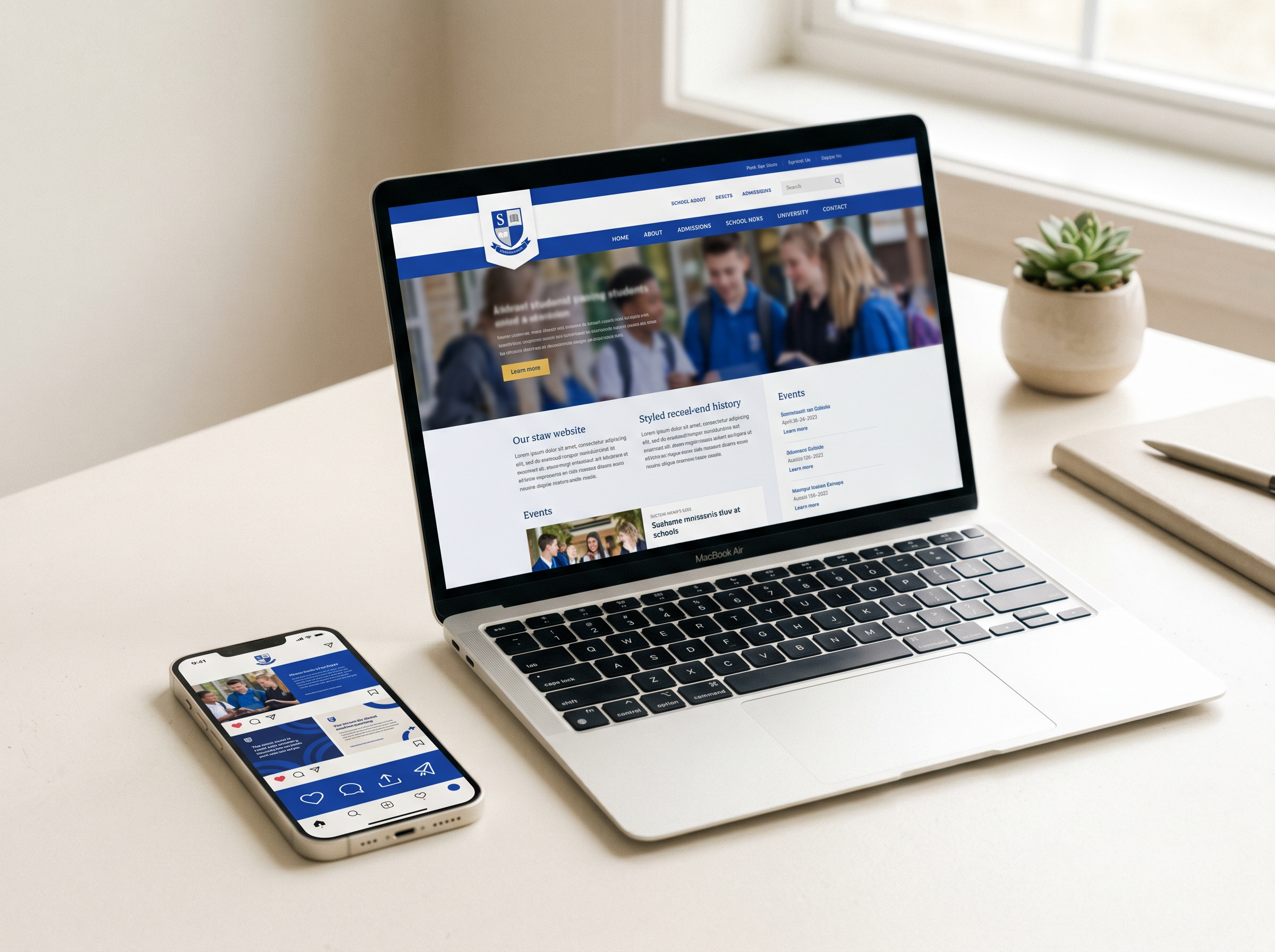Laptop and phone showing a school website and social media posts.
