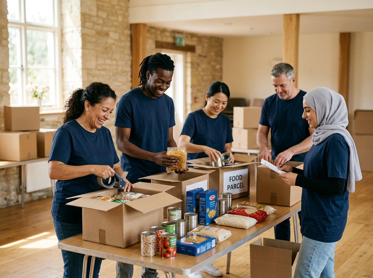 Charity volunteers packing food parcels together