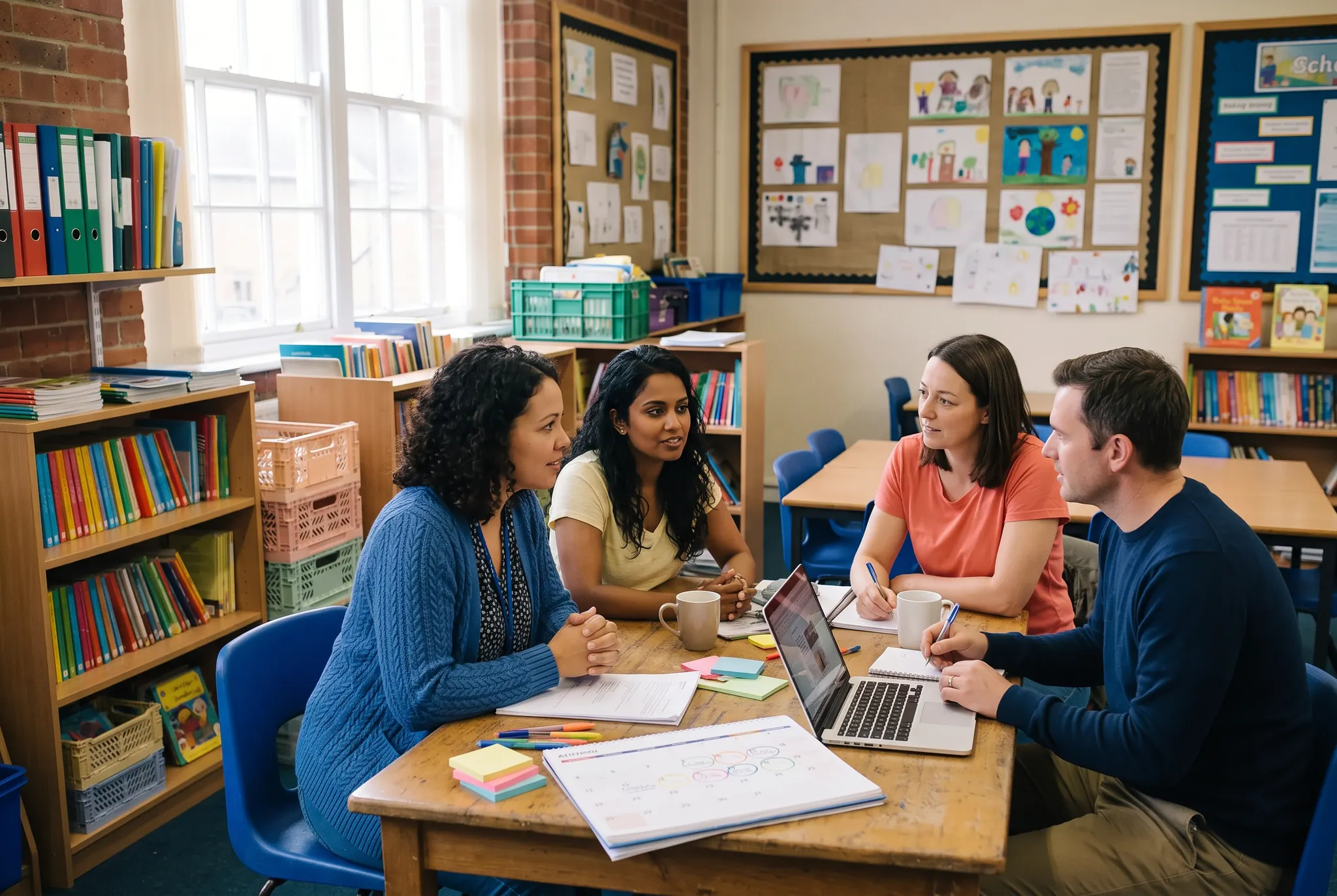 Parent volunteers planning together in a UK primary school