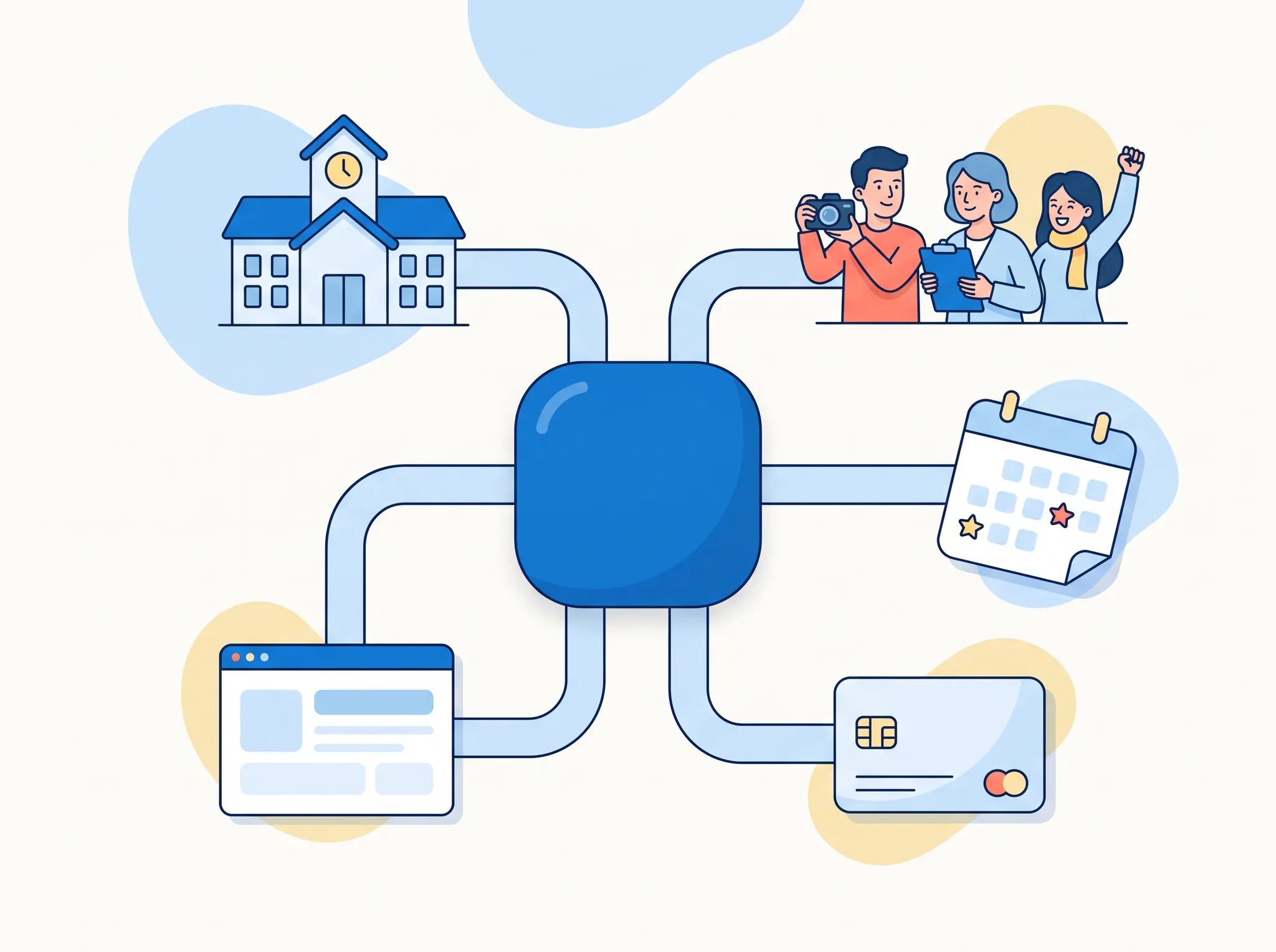 Illustration showing a school, PTA volunteers, events, a website and payments connected through Parents Anywhere