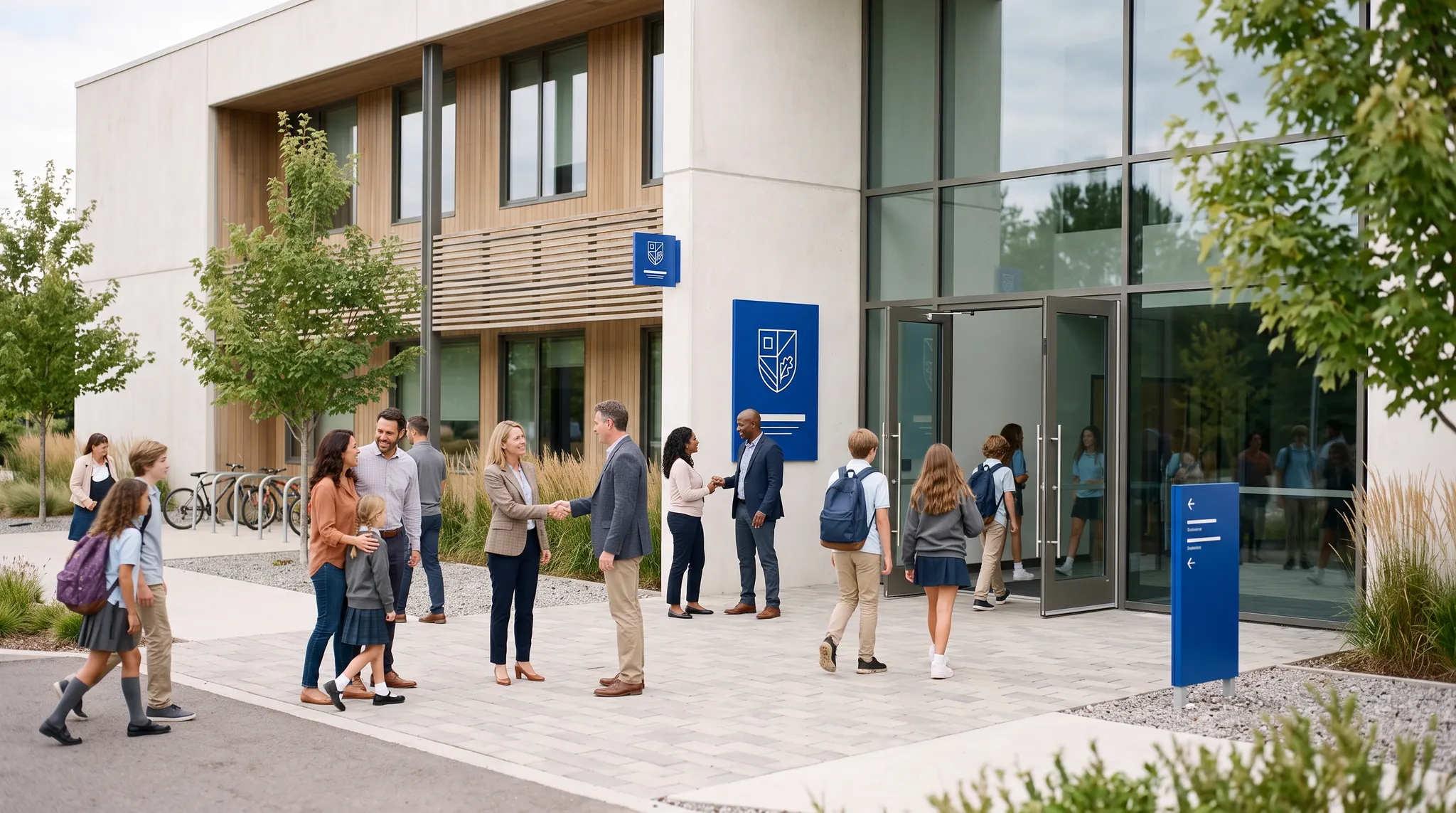 Families, pupils, teachers and school leaders arriving for an open day.