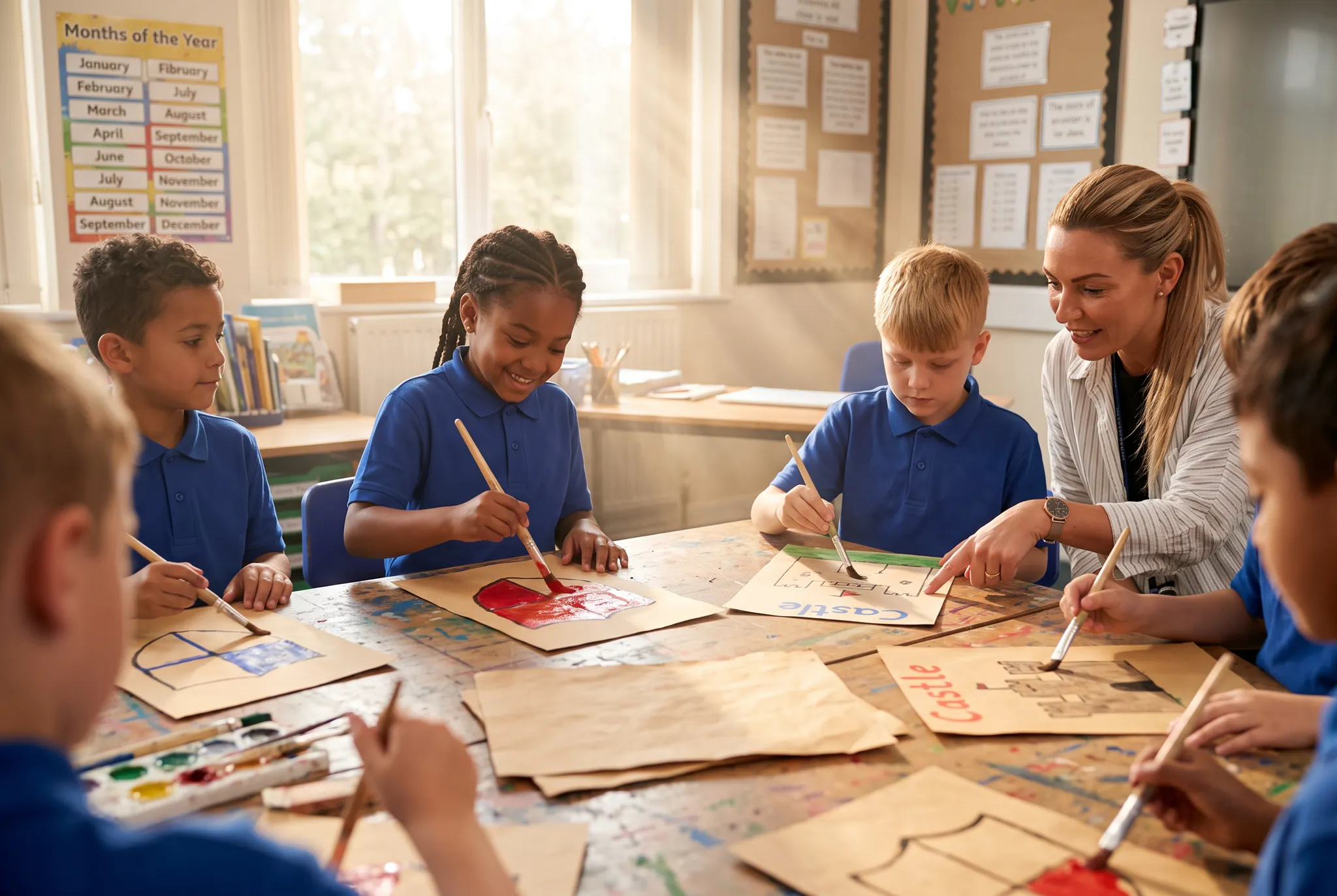 Pupils and their teacher taking part in a creative design workshop in a classroom.