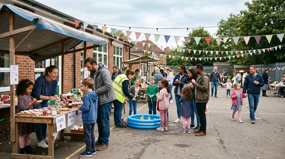 Families and PTA volunteers at a UK primary school summer fair