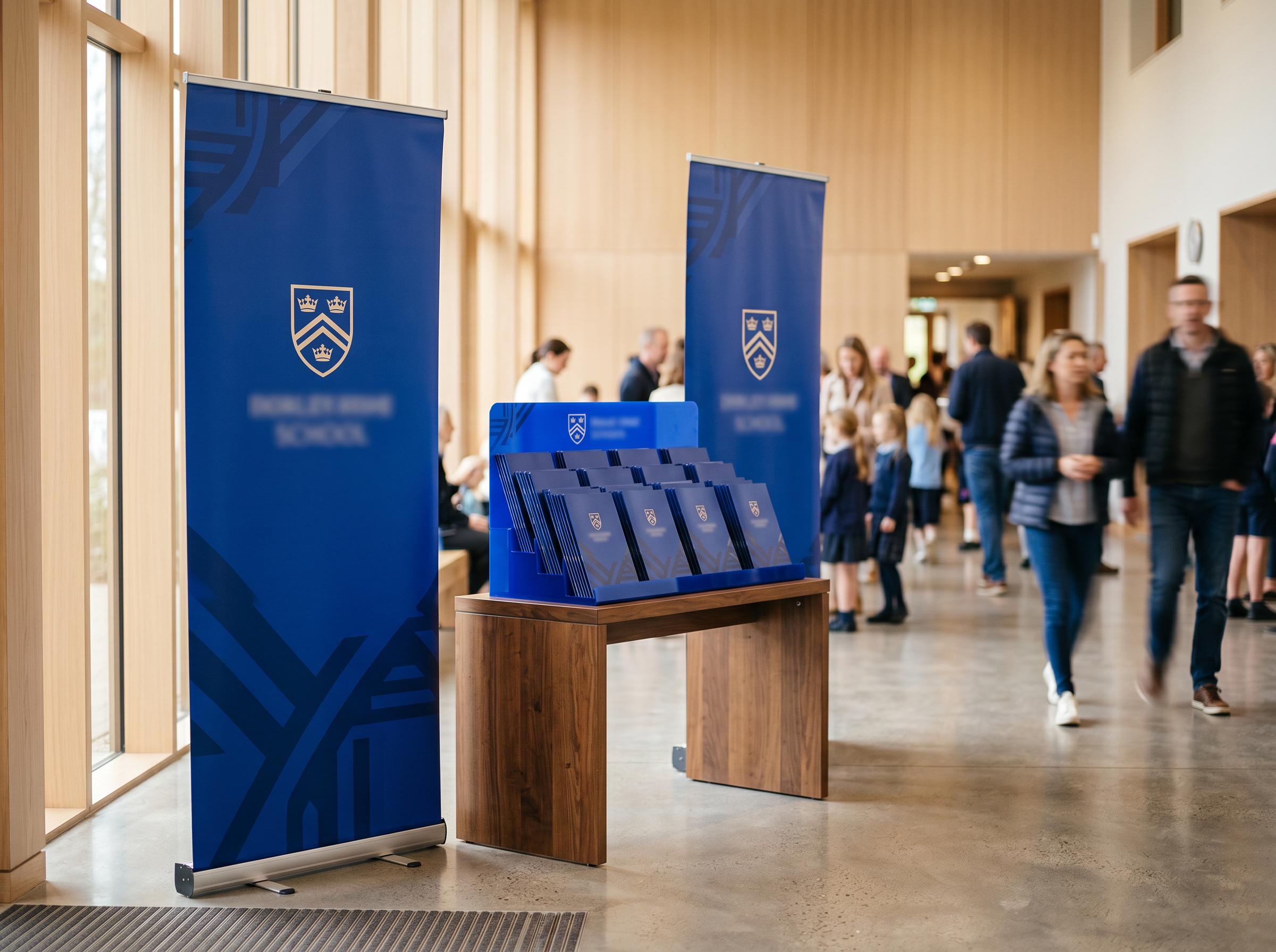 Families and pupils moving through a school open-day display.
