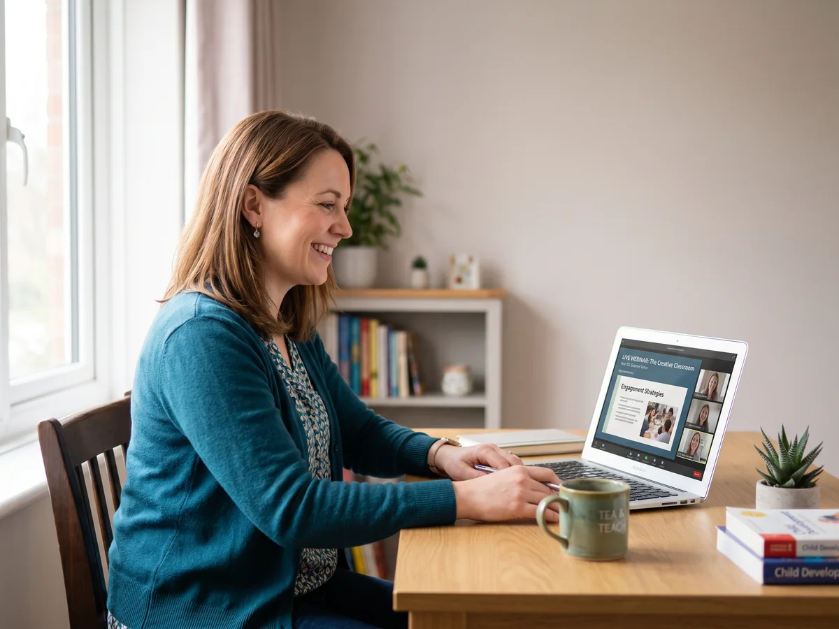 A teacher attending a live CPD webinar on her laptop