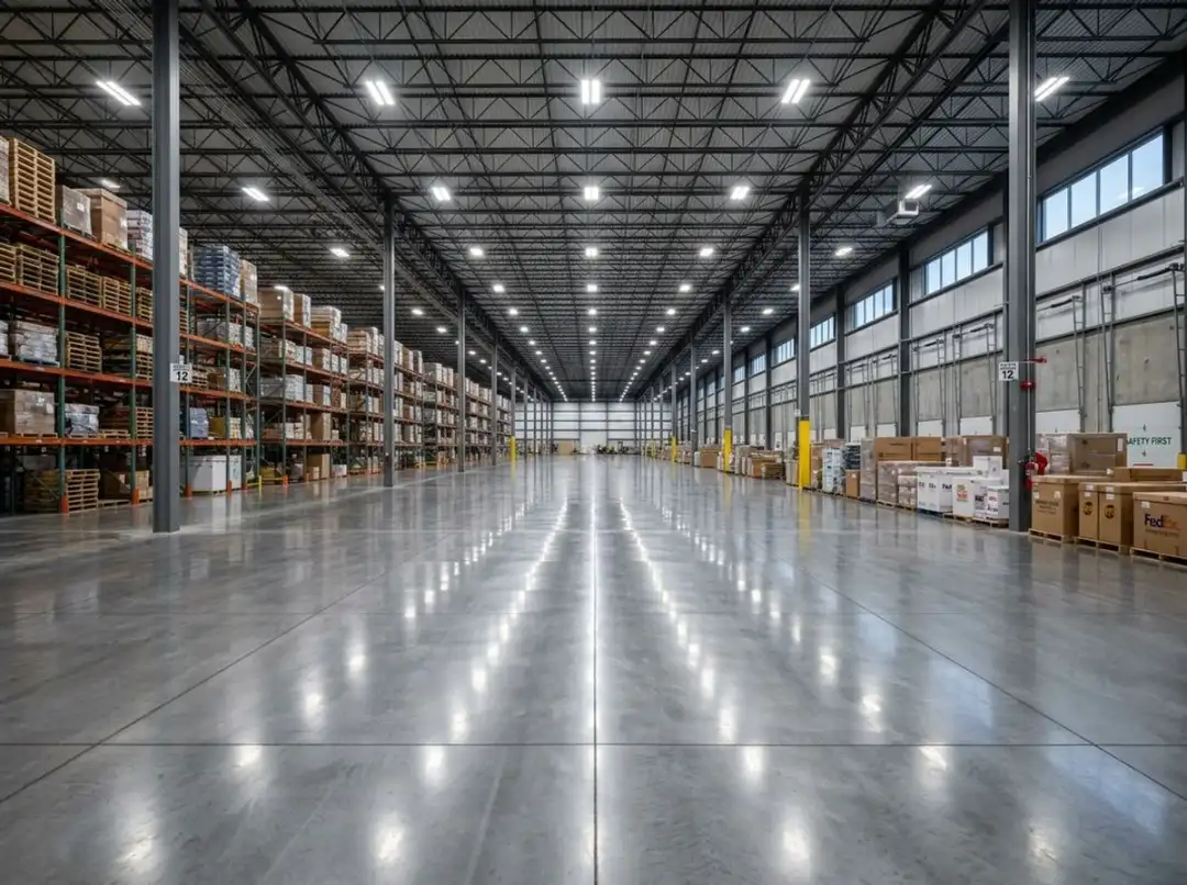 Large commercial warehouse with a polished concrete floor