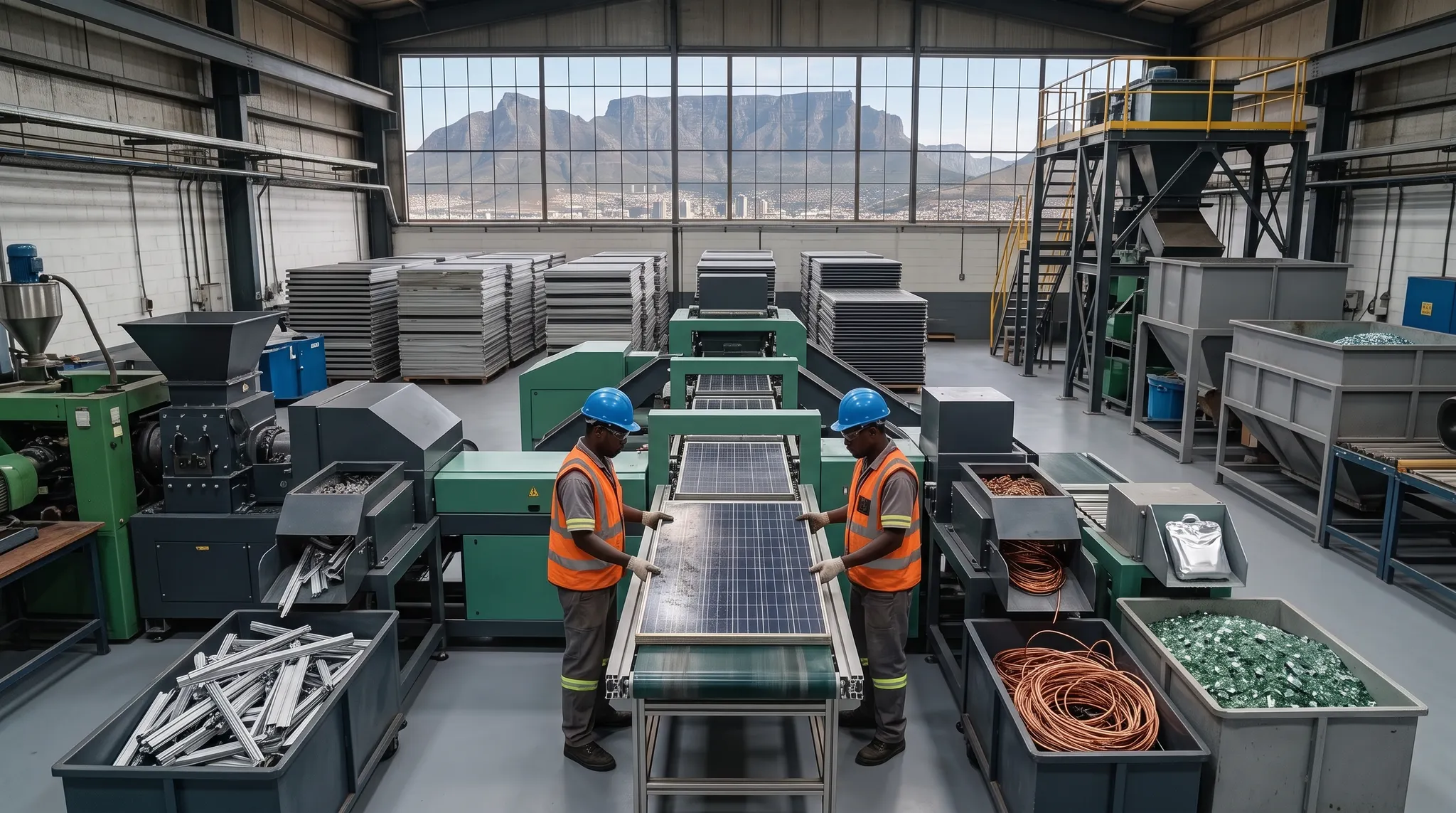 Workers operating a high-recovery solar module recycling line