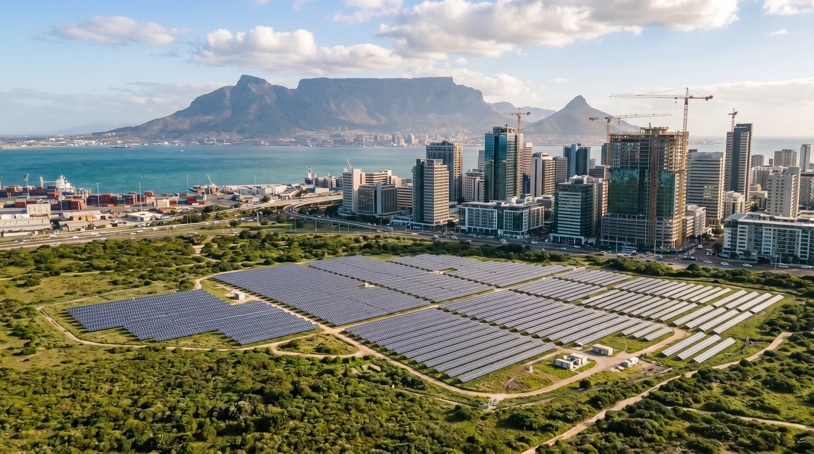 Cape Town skyline, Table Mountain, green space, and solar infrastructure