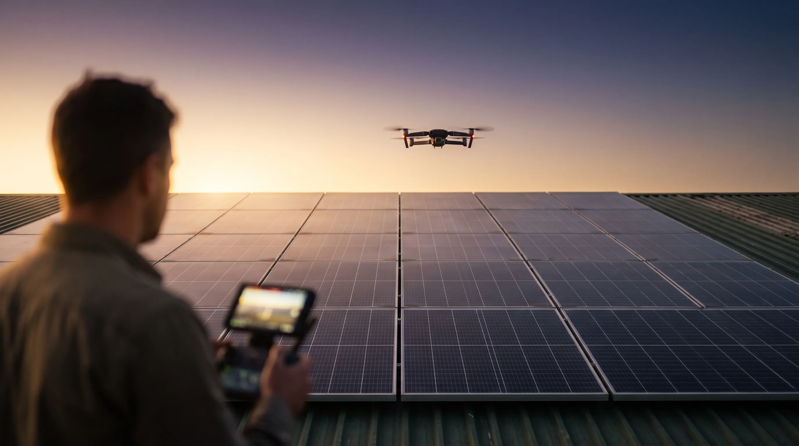 Drone and operator inspecting a solar installation