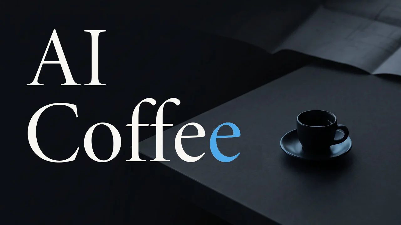 AI Coffee in white serif type with a blue final e beside a black coffee cup on an architectural table