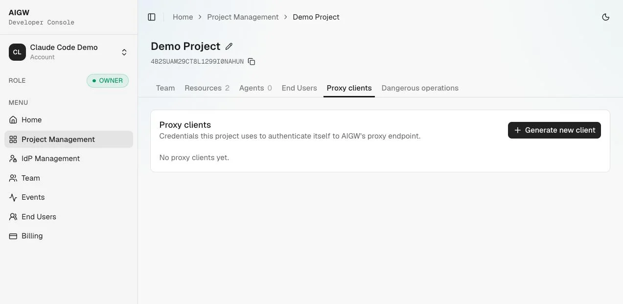 AIGW Console Proxy clients page for a Project before any client is generated