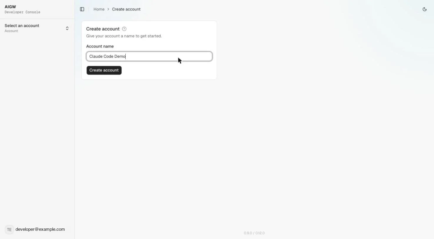 AIGW Console Create Account dialog with an account name filled in